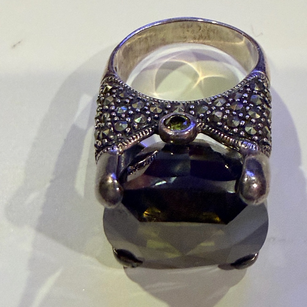 Sterling Silver Smoky Quartz Marcasite Statement Ring Art Deco Style - Picture 3 of 13